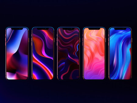 Set of mobile phones with holographic abstract background. Vector illustration.の素材