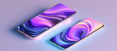 Mobile phone with colorful abstract background. 3d rendering. Computer digital drawing.の素材