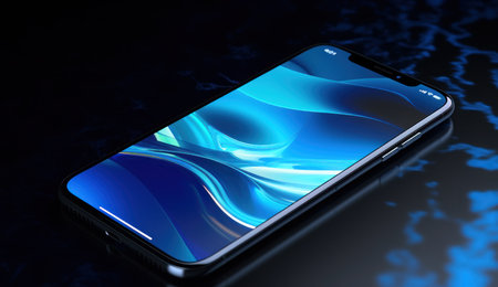 Smartphone with blue screen on a dark background. 3d renderingの素材