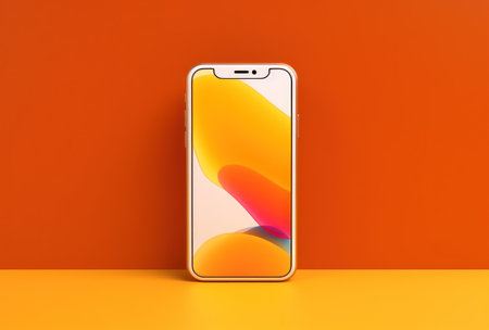 Smartphone with colorful screen on orange background. 3D rendering.の素材