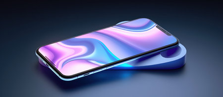 Smartphone with purple screen on blue background. 3D illustration.の素材