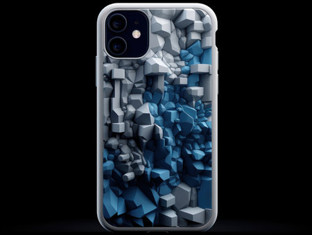 Smartphone with broken screen on a black background. 3d illustrationの素材