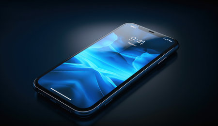Smartphone with blue screen on a dark background. 3d renderingの素材