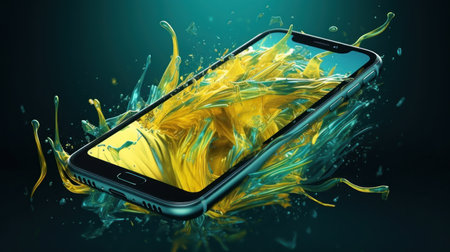 Smartphone with yellow paint splash on dark background. 3D renderingの素材