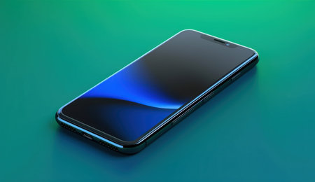 Smartphone with blue screen on a green background. 3d renderの素材