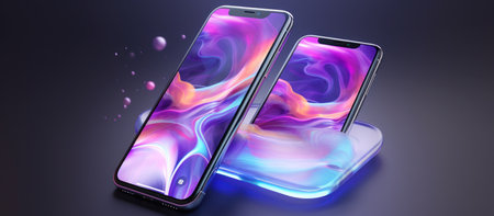 Two smartphones with colorful abstract background. 3D rendering. Computer digital drawing.の素材