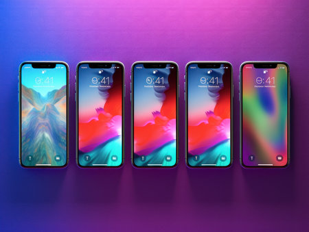 Smartphones with colorful screen on purple background. 3D rendering.の素材