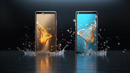 Smartphone with water splash on black background. 3D Renderingの素材