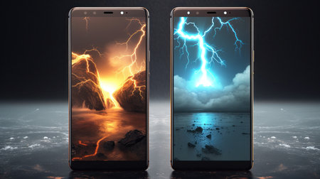 Mobile phone with lightning on the background of the sea. 3d renderingの素材