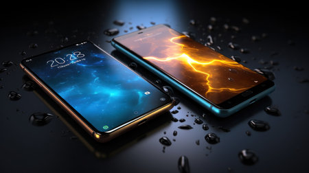 Smartphone with lightning on a dark background. 3D illustration.の素材