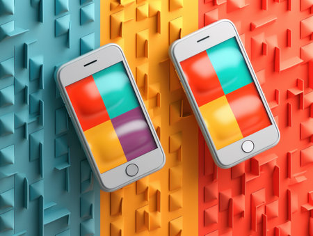 3d rendering of two mobile phones with flags on the wall.の素材