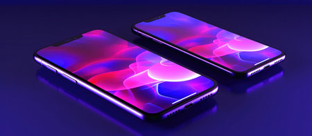 Realistic 3D render of two smartphones with blue and pink neon screen.の素材