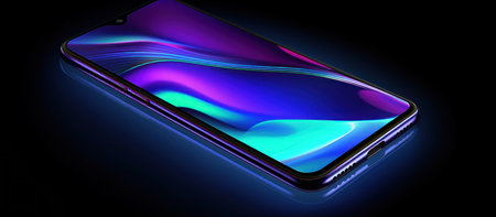 Smartphone with holographic screen on black background. 3d renderingの素材