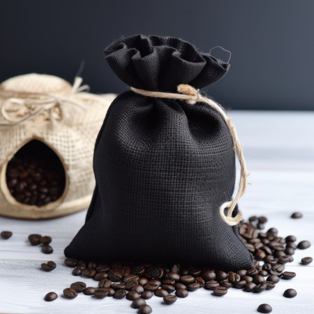Black bag with coffee beans on a white wooden background, selective focus.の素材
