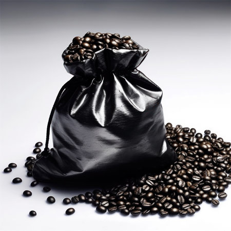 Black bag with coffee beans on a white background. Close-up.の素材