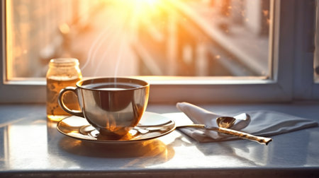 Cup of coffee on a windowsill in the morning sunlight.の素材