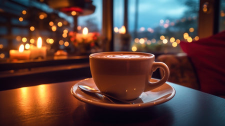 Coffee cup on the table in coffee shop with bokeh backgroundの素材