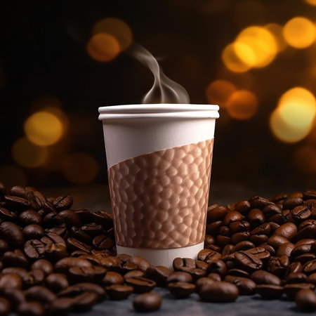 Coffee cup and coffee beans on dark background with bokehの素材