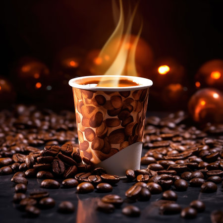 Coffee cup with roasted coffee beans on a black background.の素材