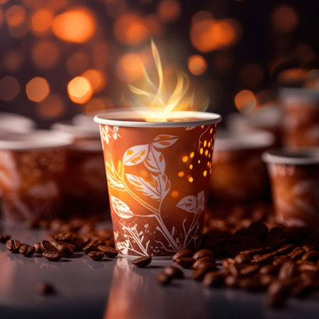 Coffee cup with roasted coffee beans on bokeh backgroundの素材