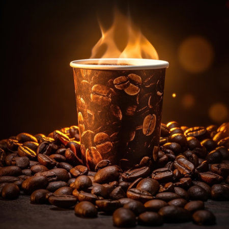 Coffee cup and roasted coffee beans on a black background.の素材