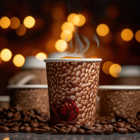 Coffee cup with heart shape on bokeh lights backgroundの素材
