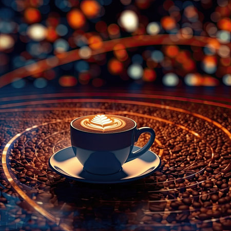 Coffee cup with beautiful latte art on coffee beans backgroundの素材
