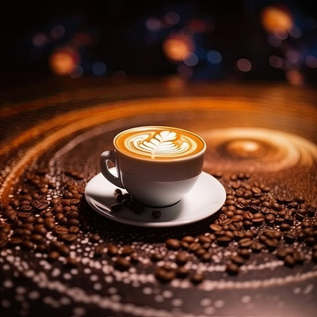 cup of coffee with latte art on the saucer and coffee beansの素材