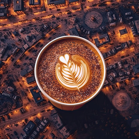 Coffee cup with latte art and coffee beans on dark backgroundの素材