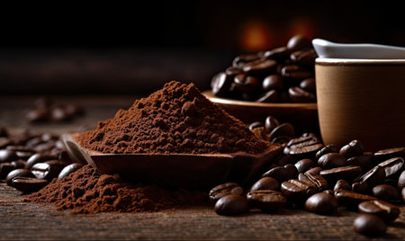 Coffee beans and ground coffee in a wooden bowl on a dark backgroundの素材
