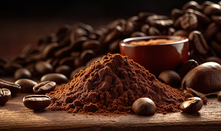 Coffee beans and ground coffee on wooden table. Selective focusの素材