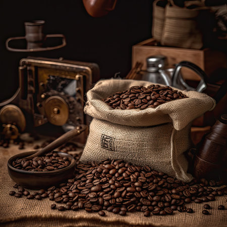 Coffee beans in a burlap bag. Dark background.の素材