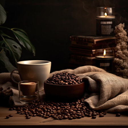 Coffee beans on a wooden table with a cup of coffeeの素材