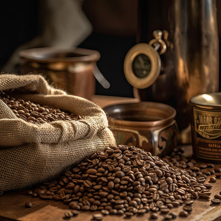 Coffee beans in burlap bag on a wooden table. Coffee backgroundの素材