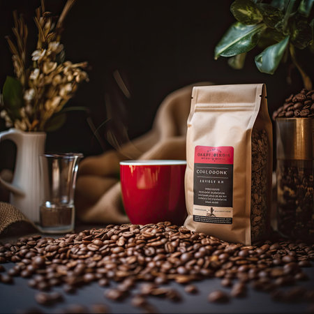 Coffee beans and a cup of coffee on a dark backgroundの素材
