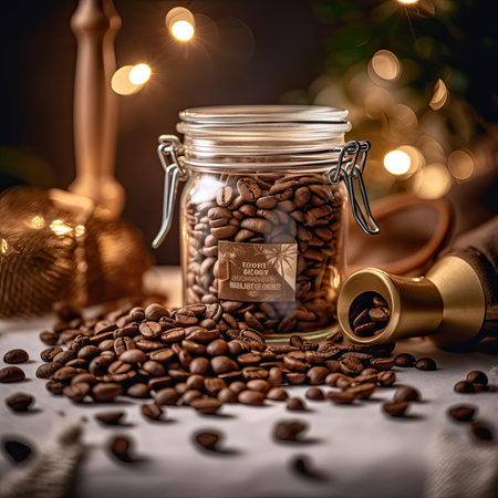 Coffee beans in a glass jar on a background of a garland.の素材