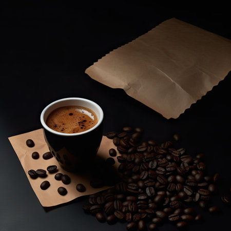 Coffee cup and coffee beans on a black background. Copy space.の素材