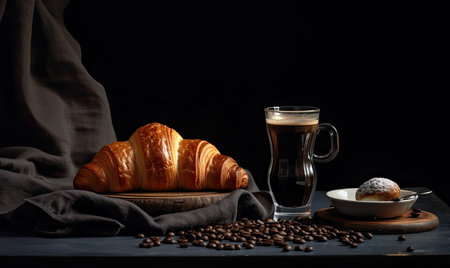 Breakfast with coffee and croissants on a wooden board, black backgroundの素材