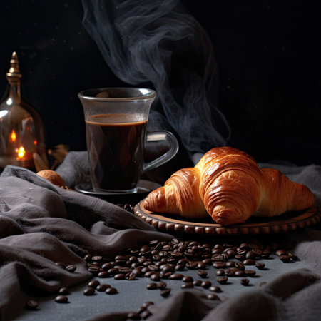 Coffee in a cup and croissants on a dark background.の素材