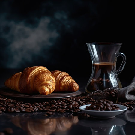 Freshly baked croissants and coffee beans on a dark backgroundの素材