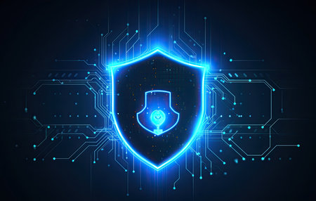 Protection shield with cyber security concept on blue background. Vector illustrationの素材