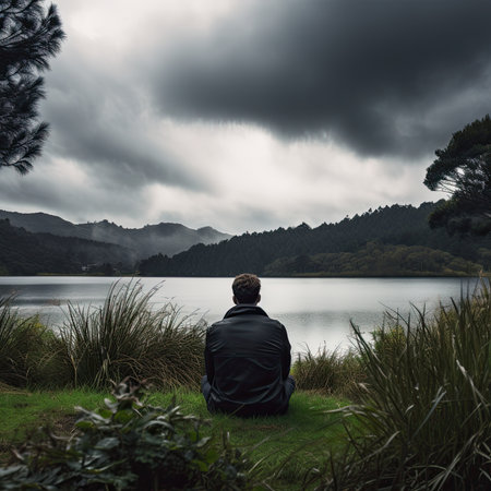 Man sitting on the grass in front of a lake with dark cloudsの素材
