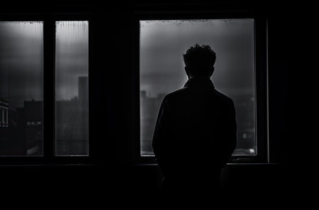 Silhouette of a man looking out the window in the darkの素材