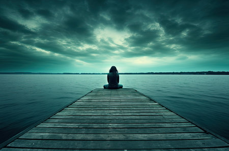 Silhouette of a woman sitting on a wooden jetty.の素材