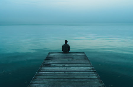 Silhouette of a man sitting on a wooden jetty at the lakeの素材