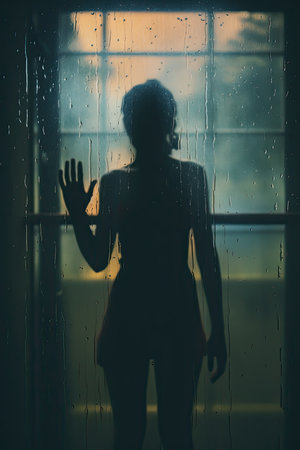 Silhouette of a woman standing in the rain at the windowの素材