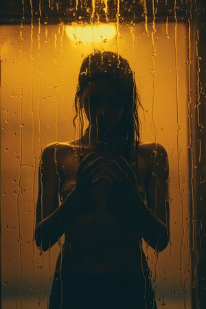 Silhouette of a beautiful young woman standing in a shower behind wet glass.の素材