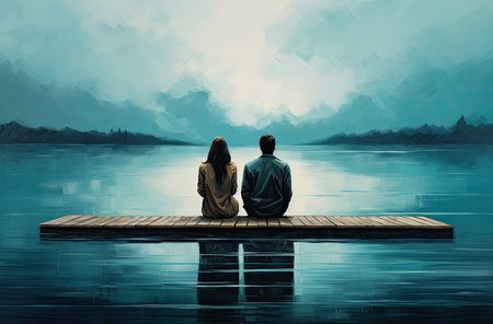 Young couple sitting on a wooden pier and looking at the lake.の素材