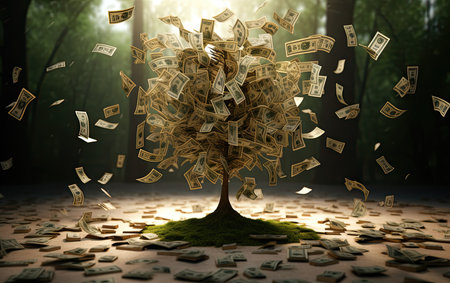 Money tree in the forest with falling dollar bills. 3D renderingの素材