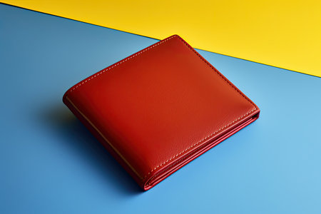 Red leather wallet on a blue and yellow background. Business concept.の素材